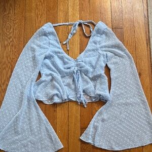 Light Blue Cropped Long Sleeve Blouse - Lovers + Friends